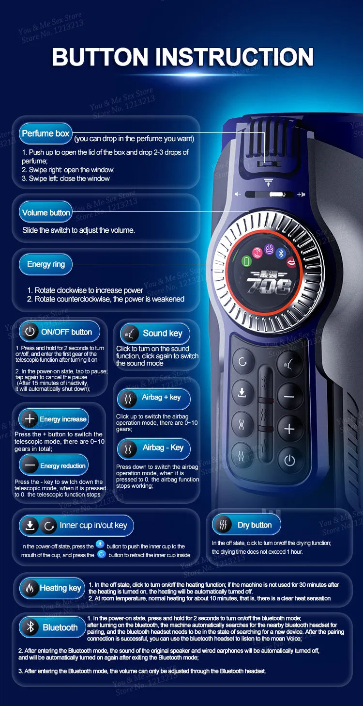 Masturbador Automático Leten Future Blue A708 III Succión Rotativa, Cabalgata, Calor y Voz