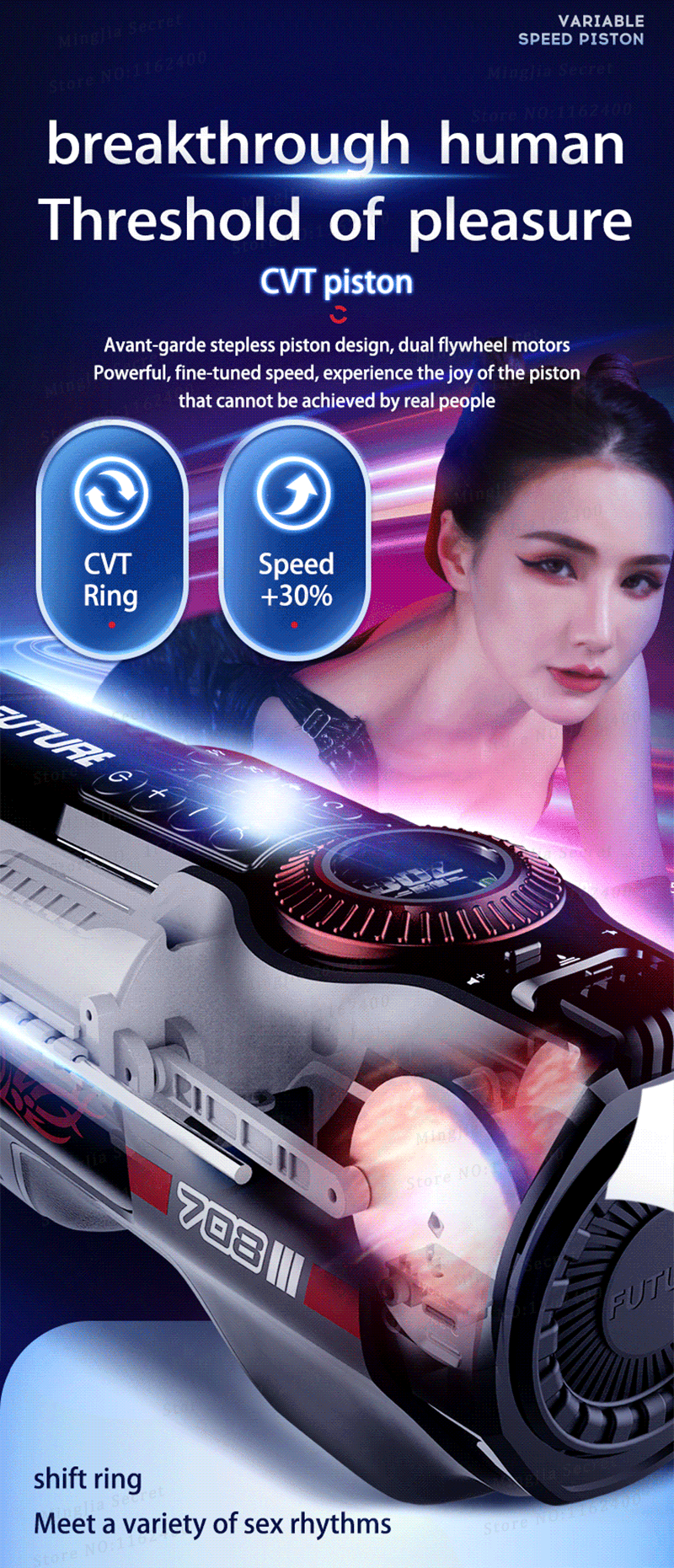 Masturbador Automático Leten Future Blue A708 III Succión Rotativa, Cabalgata, Calor y Voz