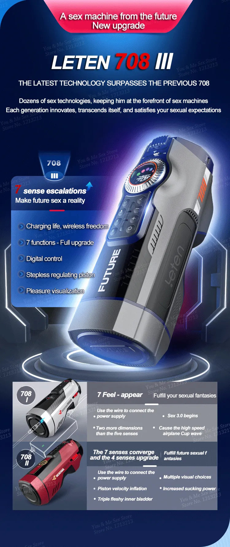 Masturbador Automático Leten Future Blue A708 III Succión Rotativa, Cabalgata, Calor y Voz