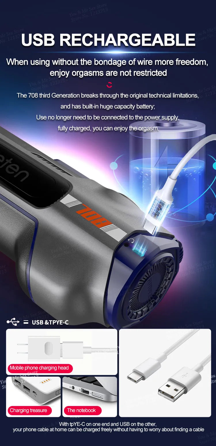 Masturbador Automático Leten Future Blue A708 III Succión Rotativa, Cabalgata, Calor y Voz